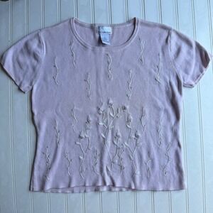 KB Collections Pink Short Sleeve Embroidered Floral Knit Sweater Top Small